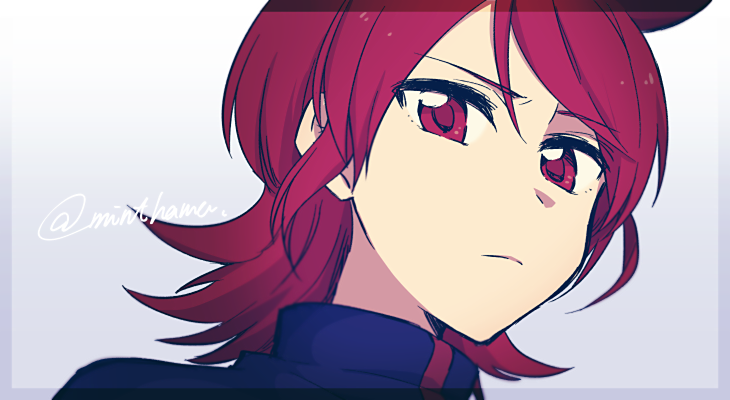 1boy ahoge border closed_mouth gensi jacket looking_at_viewer male_focus pokemon pokemon_(game) pokemon_hgss red_eyes redhead serious short_hair sidelocks signature silver_(pokemon) solo