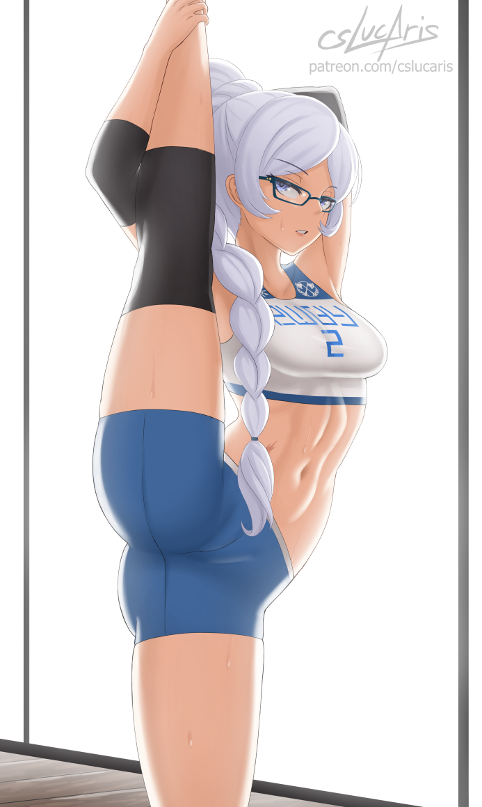 1girl armpits artist_name ass blue_eyes braid braided_ponytail breasts cslucaris elbow_pads flexible glasses knee_pads legs long_hair looking_to_the_side medium_breasts parted_lips rwby shorts solo split standing standing_on_one_leg standing_split stomach stretch sweat thighs weiss_schnee white_hair