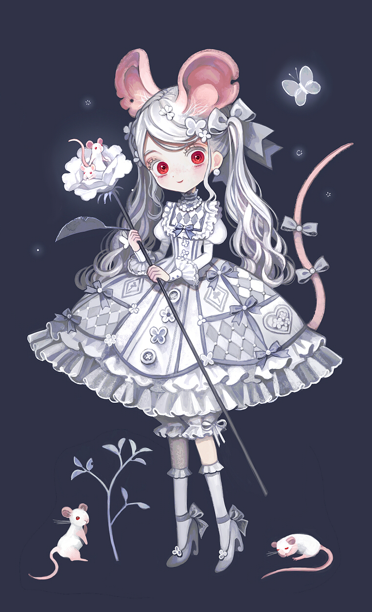 1girl animal animal_ears black_background bow bug butterfly dress earrings flower frilled_dress frills full_body grey_bow grey_footwear grey_legwear hair_ornament highres holding holding_flower insect jewelry juliet_sleeves lalala222 leaf long_hair long_sleeves looking_at_viewer mouse_ears mouse_girl mouse_tail original plant puffy_sleeves red_eyes shoes simple_background socks solo standing tail tail_bow tail_ornament twintails white_flower white_hair