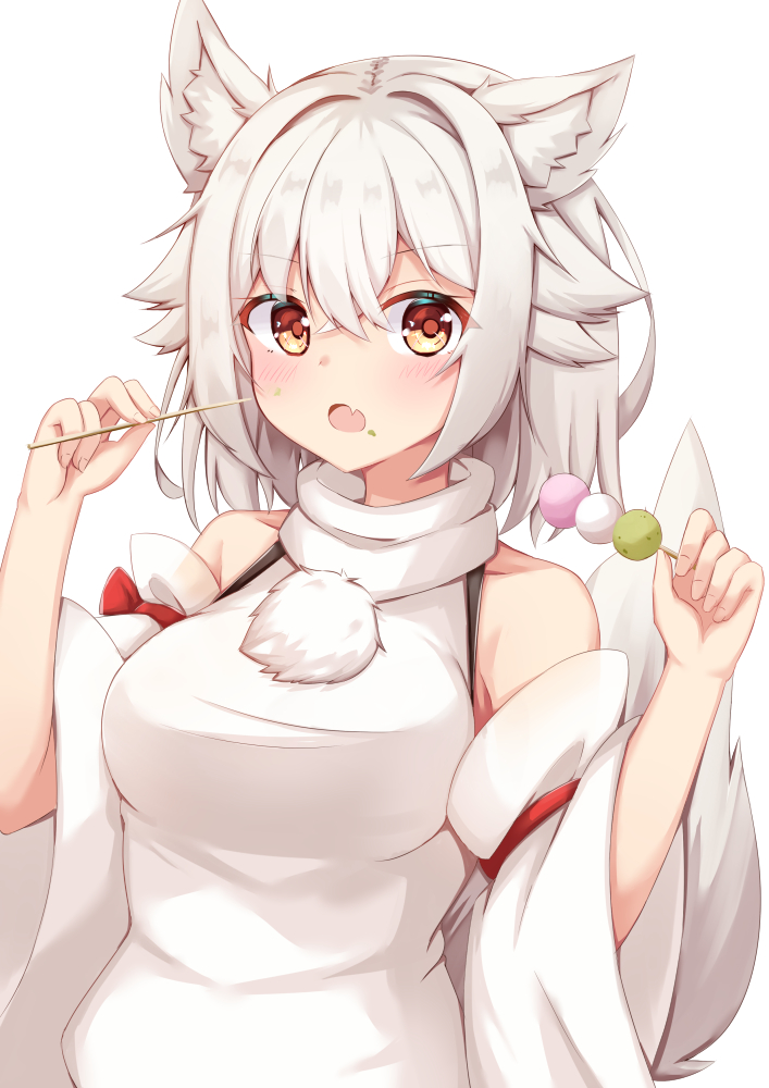 1girl breasts commentary_request detached_sleeves hat inubashiri_momiji looking_at_viewer medium_breasts no_hat no_headwear red_eyes rururiaru short_hair simple_background solo touhou white_background white_hair