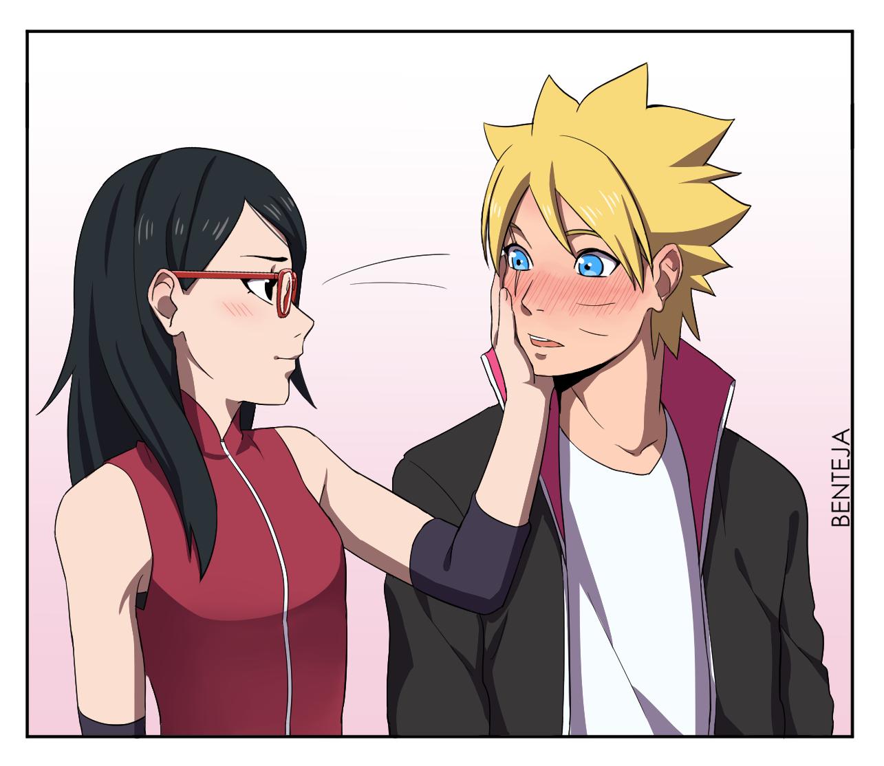 1boy 1girl artist_name bare_shoulders benteja black_eyes black_hair blonde_hair blue_eyes boruto:_naruto_next_generations boruto:_naruto_the_movie glasses holding_hands looking_at_another lying naruto naruto_(series) on_back simple_background uchiha_sarada uzumaki_boruto watermark whisker_markings whiskers white_background