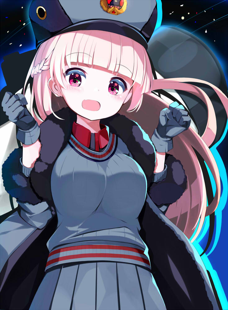 1girl blue_archive blush breasts commentary_request fang gloves hime_cut jacket large_breasts long_hair looking_at_viewer night nodoka_(blue_archive) omochishiki open_mouth red_eyes sky solo star_(sky) starry_sky telescope winter_clothes