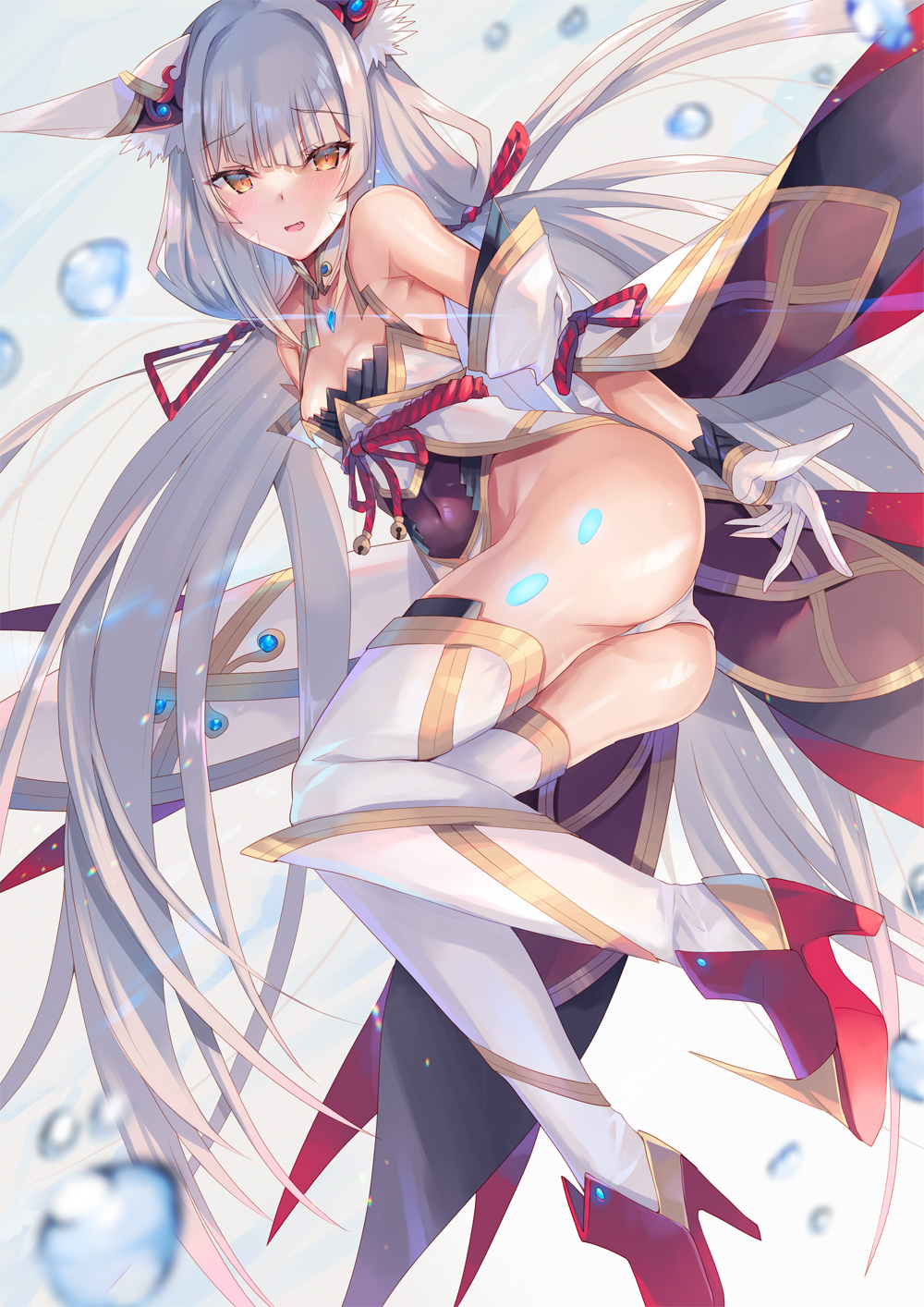 1girl animal_ears ass bangs bare_shoulders blush breasts chest_jewel detached_sleeves facial_mark highleg highleg_leotard highres hinot legs leotard long_hair looking_at_viewer low_twintails medium_breasts nia_(blade)_(xenoblade) nia_(xenoblade) open_mouth silver_hair smile thigh-highs twintails very_long_hair xenoblade_chronicles_(series) xenoblade_chronicles_2 yellow_eyes