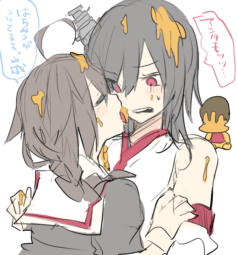 2girls ahoge bare_shoulders black_hair blush braid closed_eyes crossover eyebrows_visible_through_hair facing_another honey honeypot kantai_collection licking long_hair looking_at_another multiple_girls nontraditional_miko open_mouth pooh red_eyes rn_(radon'ya) shigure_(kancolle) single_braid sketch translation_request white_background winnie_the_pooh yamashiro_(kancolle) yuri