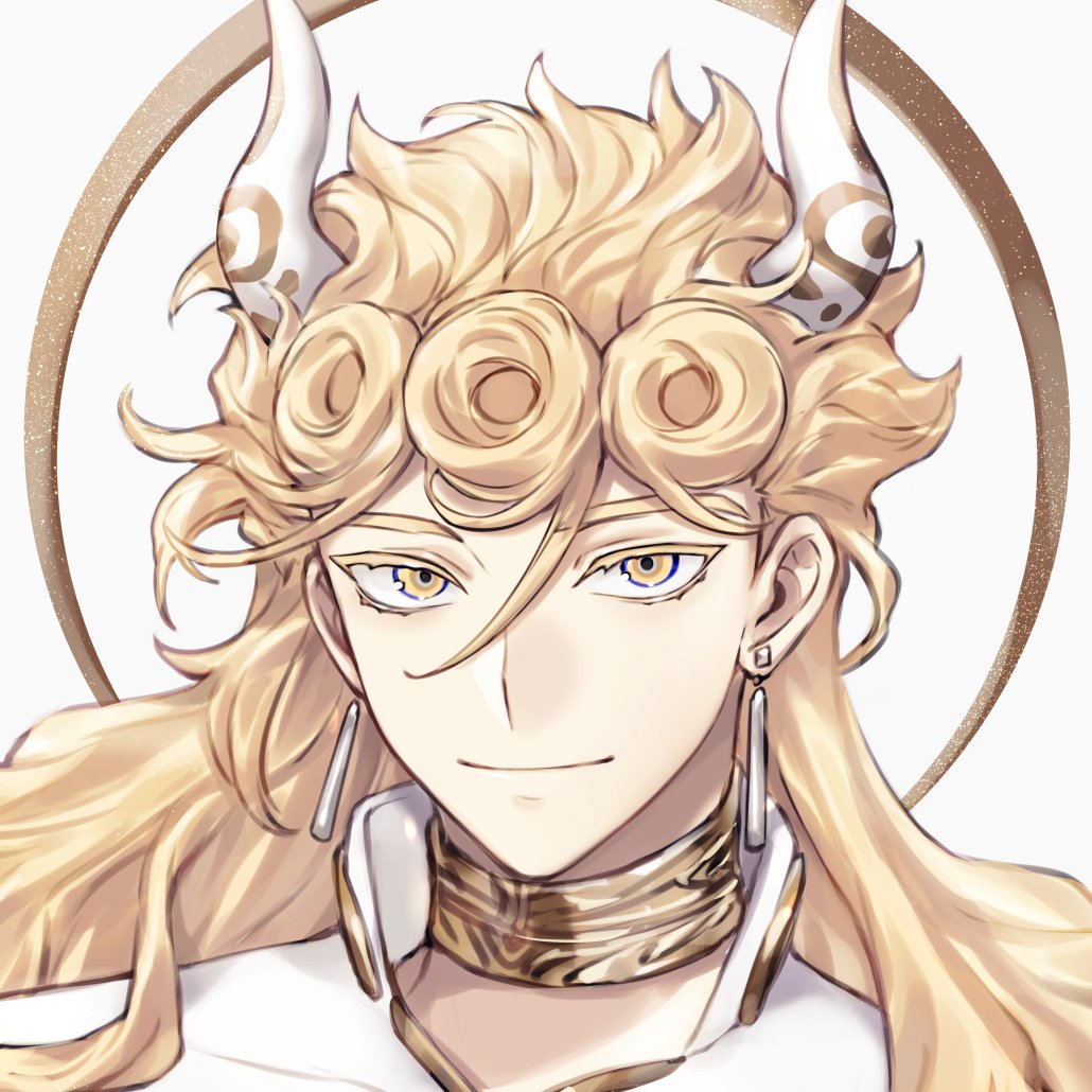 1boy bangs blonde_hair closed_mouth collar commentary_request drop_earrings earrings face giorno_giovanna glitter gold_trim hair_between_eyes hair_rings horns jewelry jojo_no_kimyou_na_bouken light_smile long_hair looking_at_viewer male_focus portrait shirt simple_background solo tiyi_(tiyi_a09) vento_aureo white_background white_shirt yellow_eyes