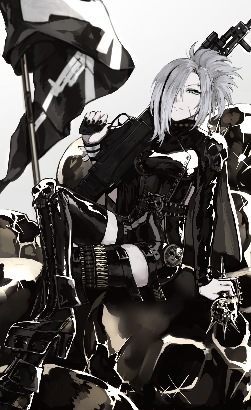 1girl arm_support black_nails blue_eyes boots breasts clothing_request expressionless flag girls_frontline gun h&amp;k_mg5 hair_over_one_eye highres holding holding_gun holding_weapon latex long_sleeves mg5_(girls_frontline) nail_polish shiny shiny_clothes silver_hair sitting skull solo thigh-highs thigh_boots weapon zakirsiz