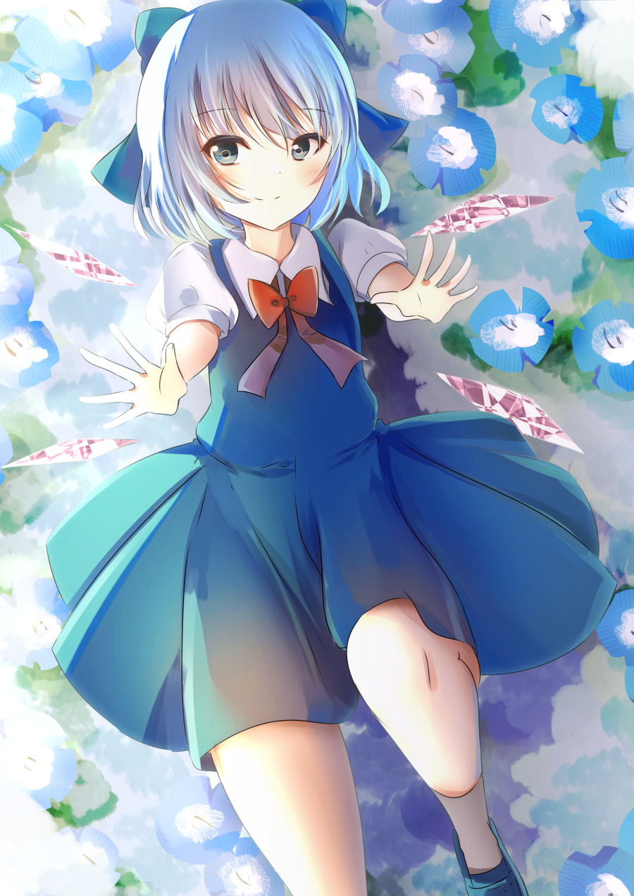 1girl bad_perspective bangs blue_bow blue_dress blue_eyes blue_flower blue_hair blush bow bowtie cirno closed_mouth clouds cloudy_sky commentary_request day dress eyebrows_visible_through_hair flower flower_request foot_out_of_frame hair_bow highres ice ice_wings looking_at_viewer lying natsume_suzuri on_back outdoors outstretched_arms puffy_short_sleeves puffy_sleeves red_bow red_neckwear reflection short_hair short_sleeves sky smile solo swept_bangs touhou water wings