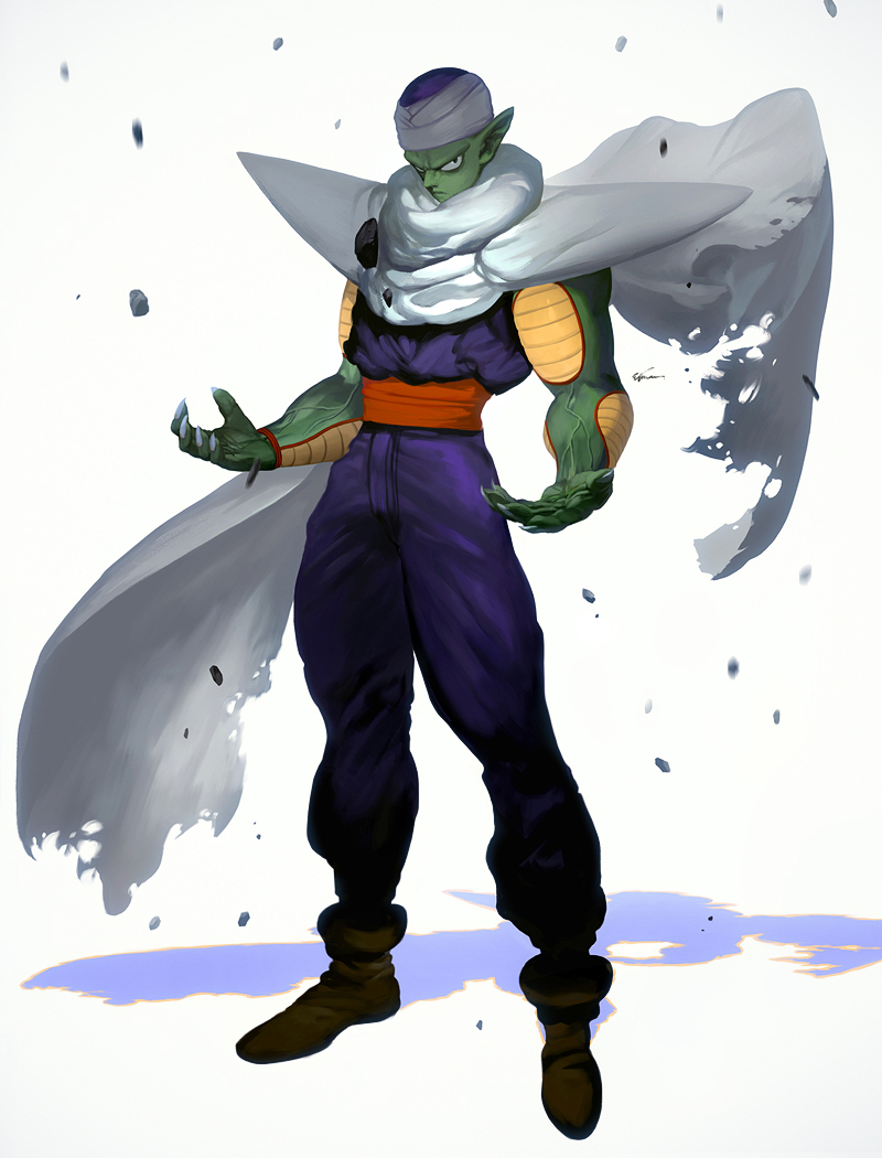 1boy blue_pants cape colored_skin dragon_ball etama_quomo fingernails full_body green_skin male_focus muscular muscular_male pants piccolo pointy_ears sharp_fingernails shoes solo standing torn_clothes turban white_background