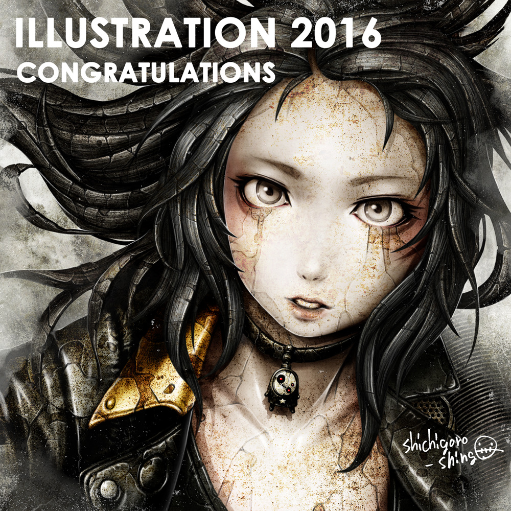 1girl 2016 black_hair black_jacket choker congratulations cracked_skin english_text floating_hair grey_eyes illustration.media jacket long_hair looking_at_viewer original parted_lips portrait shichigoro756 signature solo