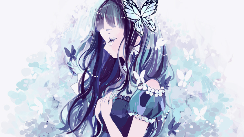 1girl aoi_nabi bare_shoulders black_dress black_hair blue_nails bow bow_earrings bug butterfly butterfly_hair_ornament closed_eyes closed_mouth dress earrings hair_ornament hand_on_own_chest indie_virtual_youtuber insect jewelry long_hair nucco profile simple_background solo tears upper_body