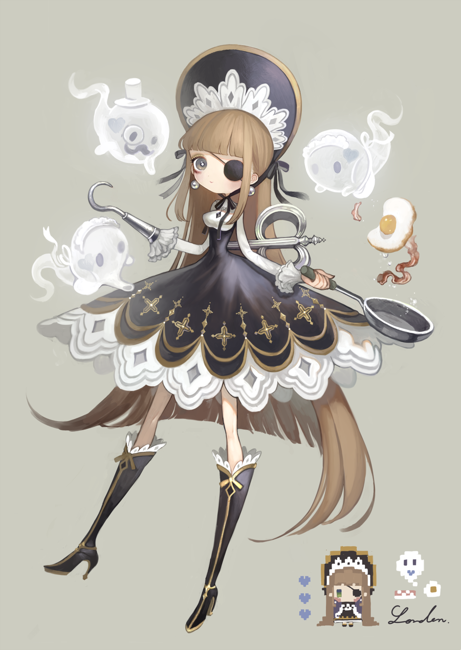 1girl bacon bangs black_dress black_footwear blunt_bangs boots brown_background brown_hair dress earrings eyepatch facial_hair food frying_pan gothic_lolita heart high_heel_boots high_heels highres hook_hand jewelry lalala222 lolita_fashion long_hair long_sleeves mustache original pixel_art signature simple_background solo sunny_side_up_egg very_long_hair