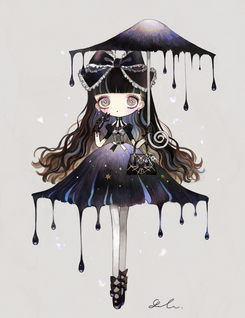 1girl bangs black_bow black_dress black_gloves black_hair blunt_bangs bow dress dripping earrings expressionless frilled_bow frills gloves gothic gothic_lolita grey_background grey_eyes hair_bow highres holding holding_umbrella jewelry lalala222 lolita_fashion long_hair looking_at_viewer no_nose original simple_background solo umbrella very_long_hair