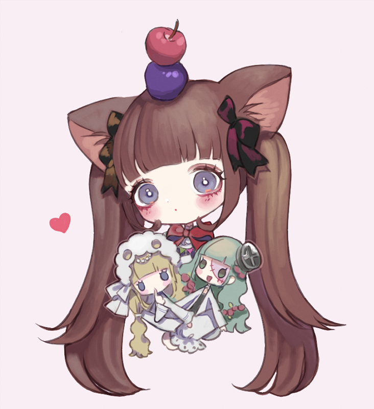 1girl animal_ears apple bangs blunt_bangs blush brown_hair food food_on_head fruit fruit_on_head grey_eyes heart lalala222 long_hair looking_at_viewer object_on_head original pink_background portrait simple_background solo twintails