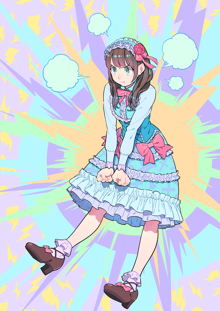 1girl abstract_background aqua_eyes blue_dress bow brown_footwear dress footwear_bow frilled_dress frilled_hairband frilled_legwear frills full_body hairband long_sleeves nobile1031 original red_bow shoes socks solo white_legwear