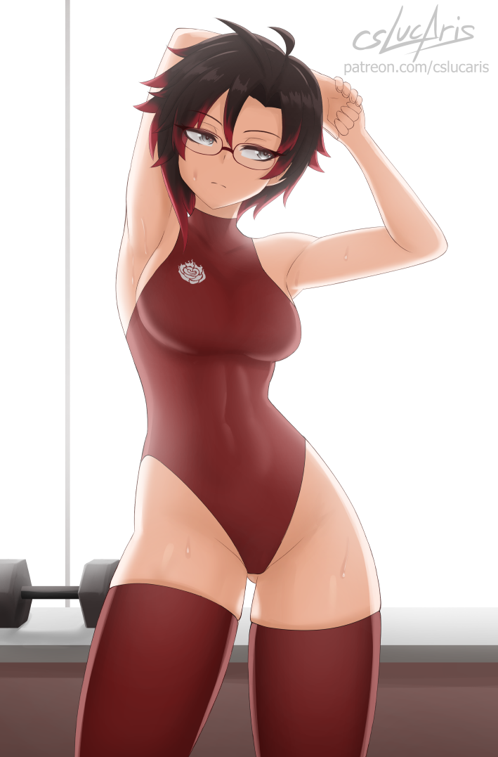 1girl armpits artist_name bare_shoulders black_hair breasts covered_navel cslucaris glasses grey_eyes leotard looking_to_the_side medium_breasts multicolored_hair red_leotard redhead ruby_rose rwby short_hair sleeveless solo stretch sweat thigh-highs thighs