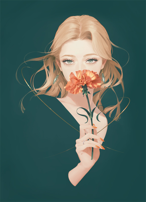 1girl blending blonde_hair carnation covering_mouth earrings flower green_background grey_eyes hand_up holding holding_flower jewelry leaf long_hair looking_at_viewer orange_flower orange_nails original simple_background solo suda_ayaka