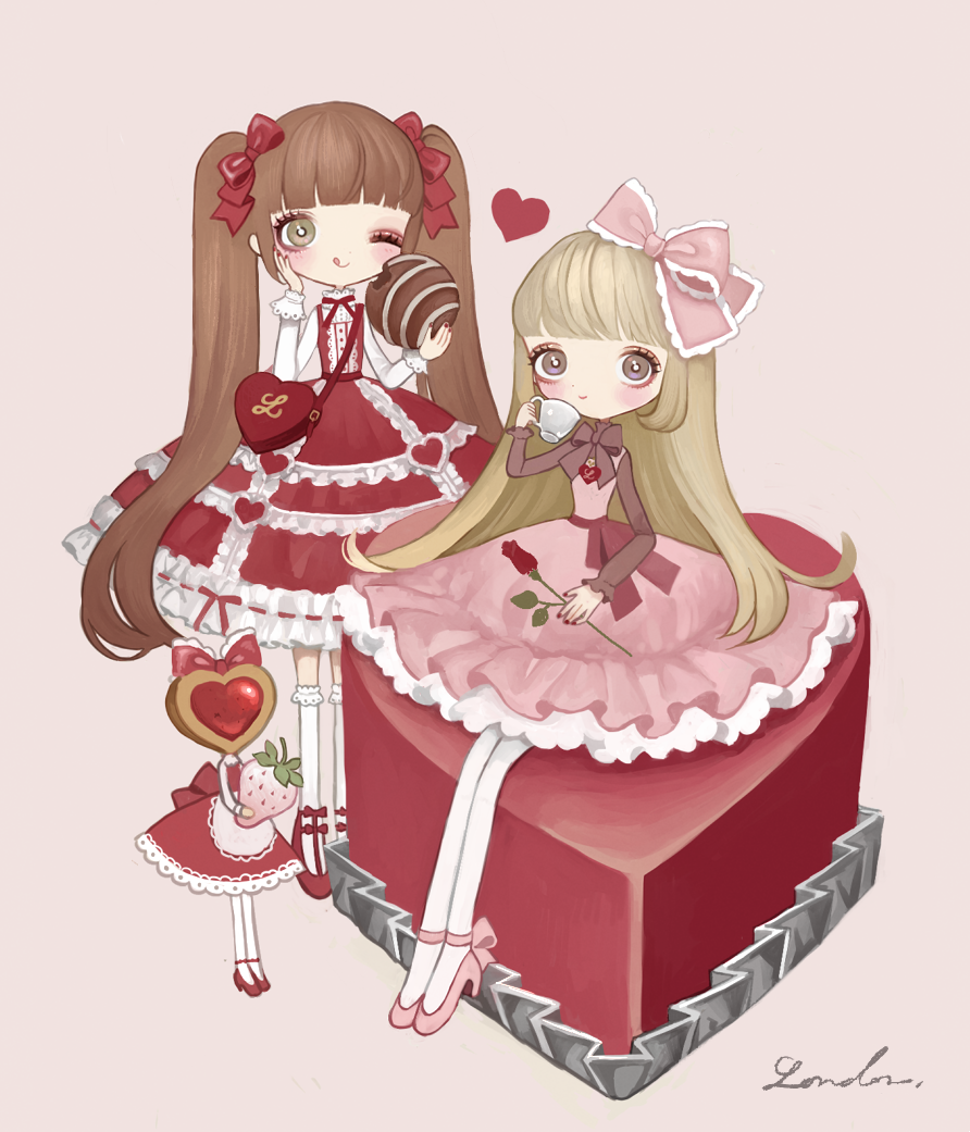2girls blonde_hair bow brown_eyes brown_hair cup dress flower food frilled_bow frilled_dress frills fruit hair_bow hand_on_own_cheek hand_on_own_face heart lalala222 leaf long_hair multiple_girls one_eye_closed original pantyhose pink_background pink_bow pink_dress pink_footwear red_dress red_flower red_footwear shoes signature simple_background sitting socks strawberry twintails very_long_hair white_legwear