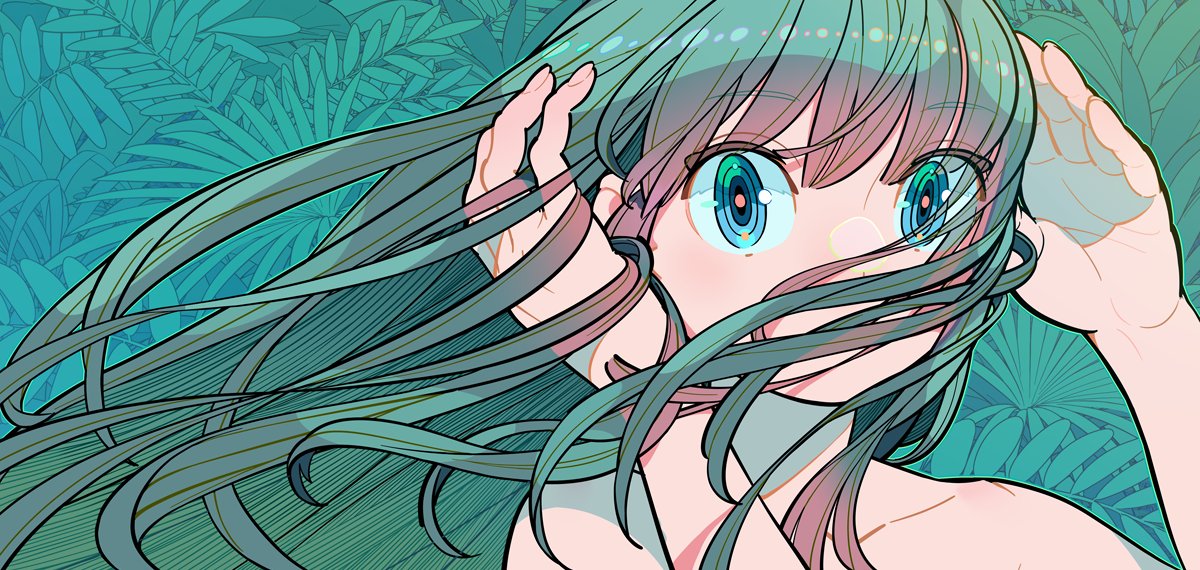 1girl aqua_hair bangs bare_shoulders blue_eyes covered_mouth eyebrows_visible_through_hair hands_up leaf leaf_print long_hair nobile1031 original patterned_background shadow solo upper_body wind