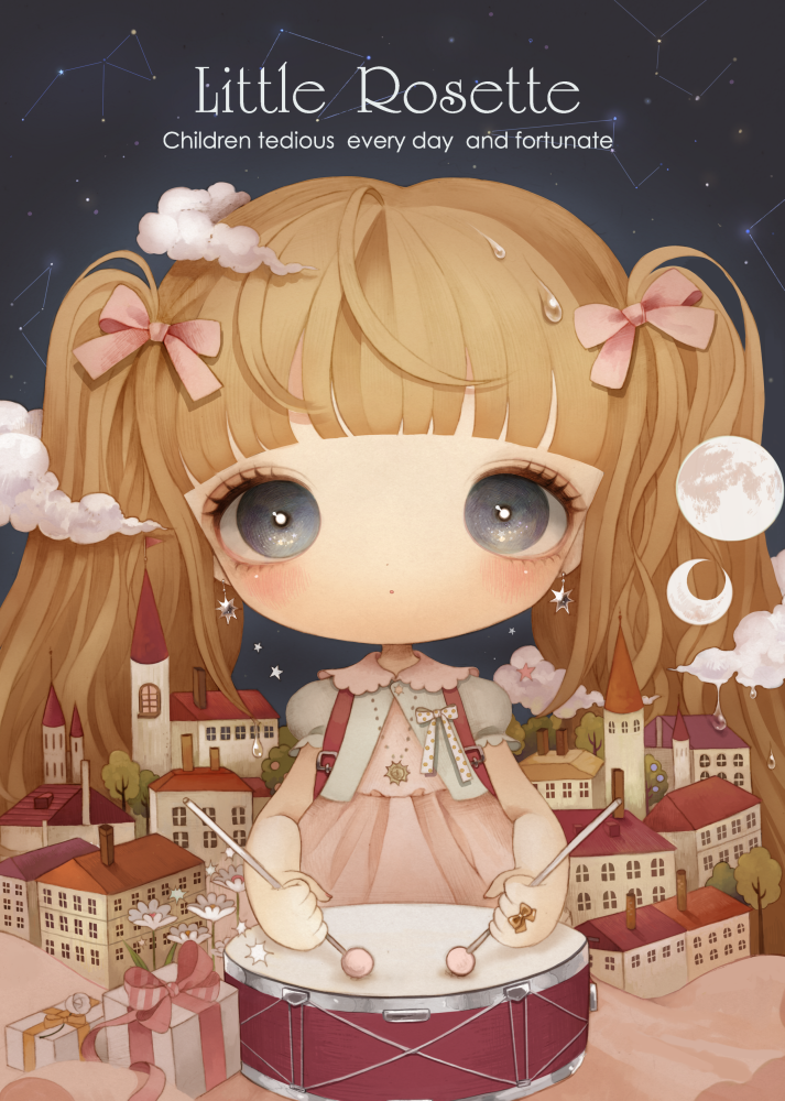 1girl bangs blunt_bangs blush box brown_hair building clouds constellation crescent_moon dress drum english_text flower gift gift_box grey_eyes hair_ribbon holding instrument lalala222 long_hair looking_at_viewer moon no_nose original pink_dress pink_ribbon puffy_short_sleeves puffy_sleeves ribbon shadow short_sleeves solo tree twintails white_flower