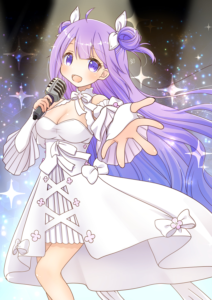 1girl :d azur_lane bangs blunt_bangs bow bowtie commentary_request detached_collar detached_sleeves double_bun dress eyebrows_visible_through_hair eyes_visible_through_hair gradient gradient_background hair_ribbon head_tilt highres holding holding_microphone long_hair looking_at_viewer microphone mirun_(funimani) music off-shoulder_dress off_shoulder open_mouth purple_hair reaching_out ribbon sidelocks singing smile solo sparkle strapless strapless_dress unicorn_(angelic_night)_(azur_lane) unicorn_(azur_lane) violet_eyes white_dress