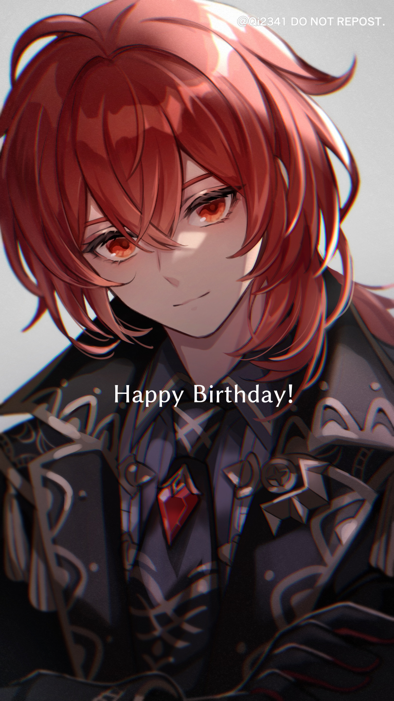 1boy ahoge bangs birthday black_jacket closed_mouth crossed_arms diluc_ragnvindr genshin_impact gloves grey_background hair_between_eyes happy_birthday highres jacket long_hair long_sleeves male_focus qi2341 red_eyes redhead repost_notice simple_background solo twitter_username upper_body
