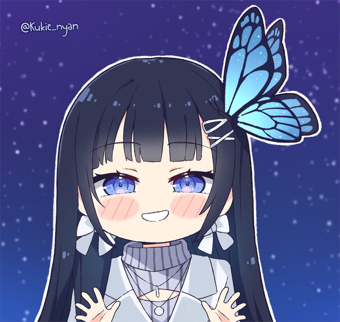 1girl aoi_nabi bangs black_hair blue_eyes bow bow_earrings bug butterfly butterfly_hair_ornament cleavage_cutout clothing_cutout earrings grey_sweater hair_ornament hairclip indie_virtual_youtuber insect jacket jewelry kukie-nyan long_hair looking_at_viewer meme_attire mini_necktie open-chest_sweater signature silver_jacket simple_background sky smile solo star_(sky) starry_sky sweater virtual_youtuber