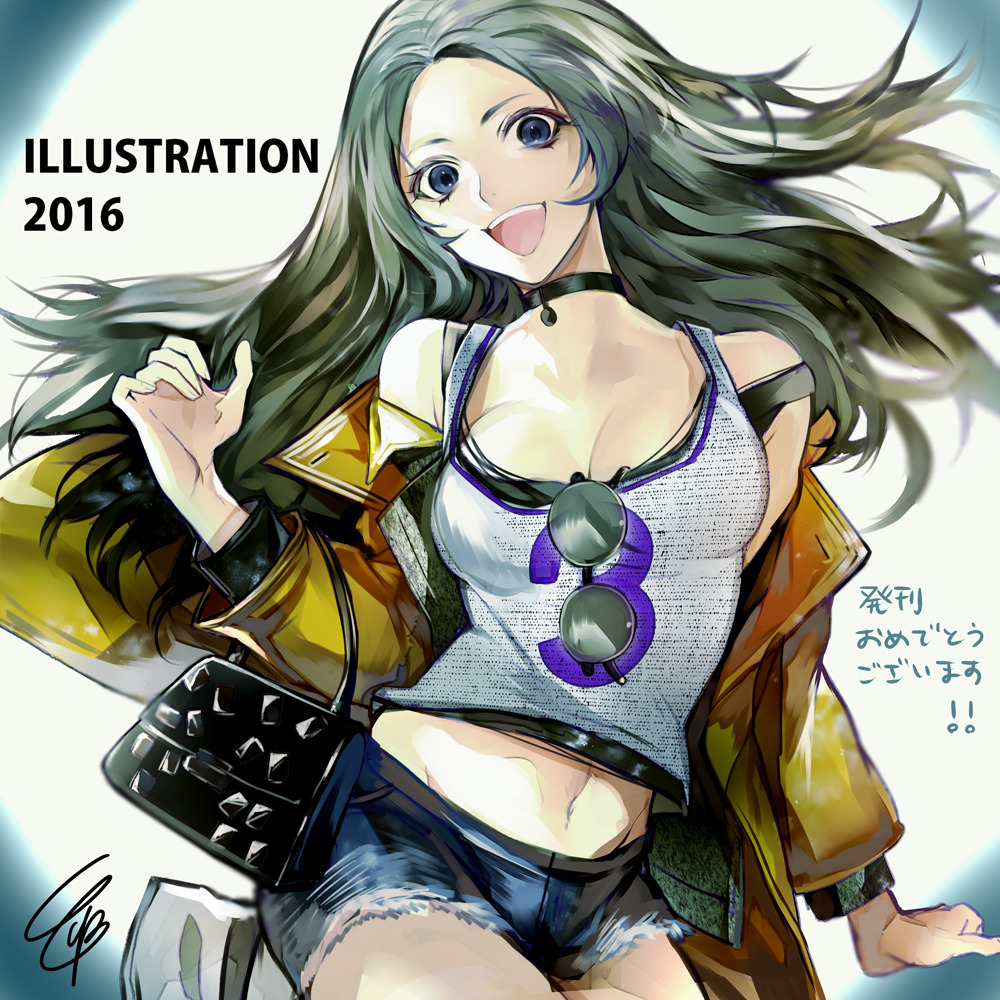 1girl 2016 bag black_eyes black_hair blue_shorts breasts choker hand_up illustration.media jacket large_breasts long_hair looking_at_viewer midriff navel open_mouth original print_tank_top shorts signature smile solo tcb yellow_jacket