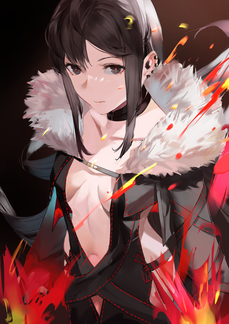 1girl bangs black_dress black_gloves black_jacket blazpu blush breasts brown_eyes brown_hair center_opening choker collarbone dress earrings elbow_gloves fate/grand_order fate_(series) fire fur-trimmed_jacket fur_trim gloves highres jacket jewelry long_hair long_sleeves looking_at_viewer medium_breasts navel ribbon-trimmed_dress yu_mei-ren_(fate)