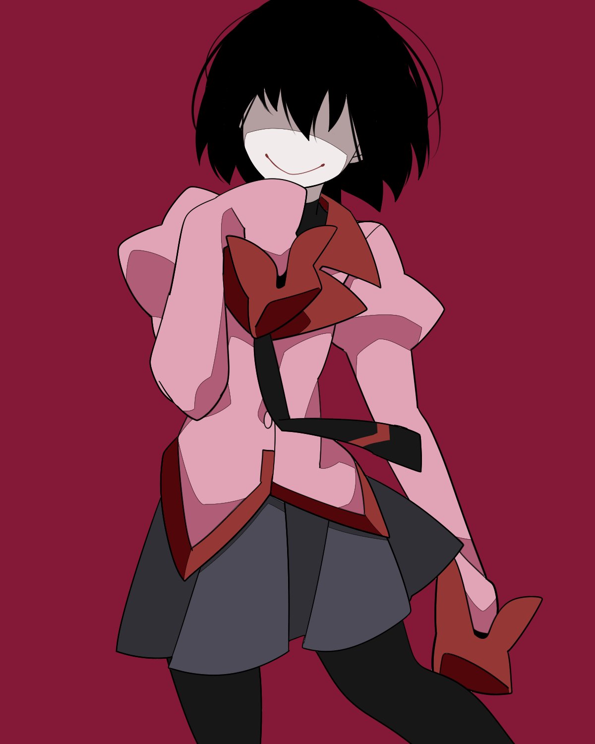 1girl arms_up black_hair hidden_eyes hiding highres long_sleeves medium_hair monogatari_(series) naoetsu_high_school_uniform necktie oshino_ougi ougi_no_hi owarimonogatari puffy_sleeves red_background school_uniform sleeves_past_fingers sleeves_past_wrists smile turtleneck