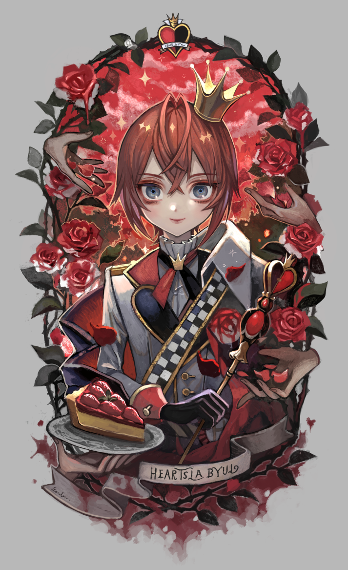 1boy black_gloves blush crown flower food fruit gloves grey_eyes hair_between_eyes holding lalala222 leaf long_sleeves looking_at_viewer plate red_flower red_rose redhead riddle_rosehearts rose short_hair smile solo strawberry thorns twisted_wonderland upper_body