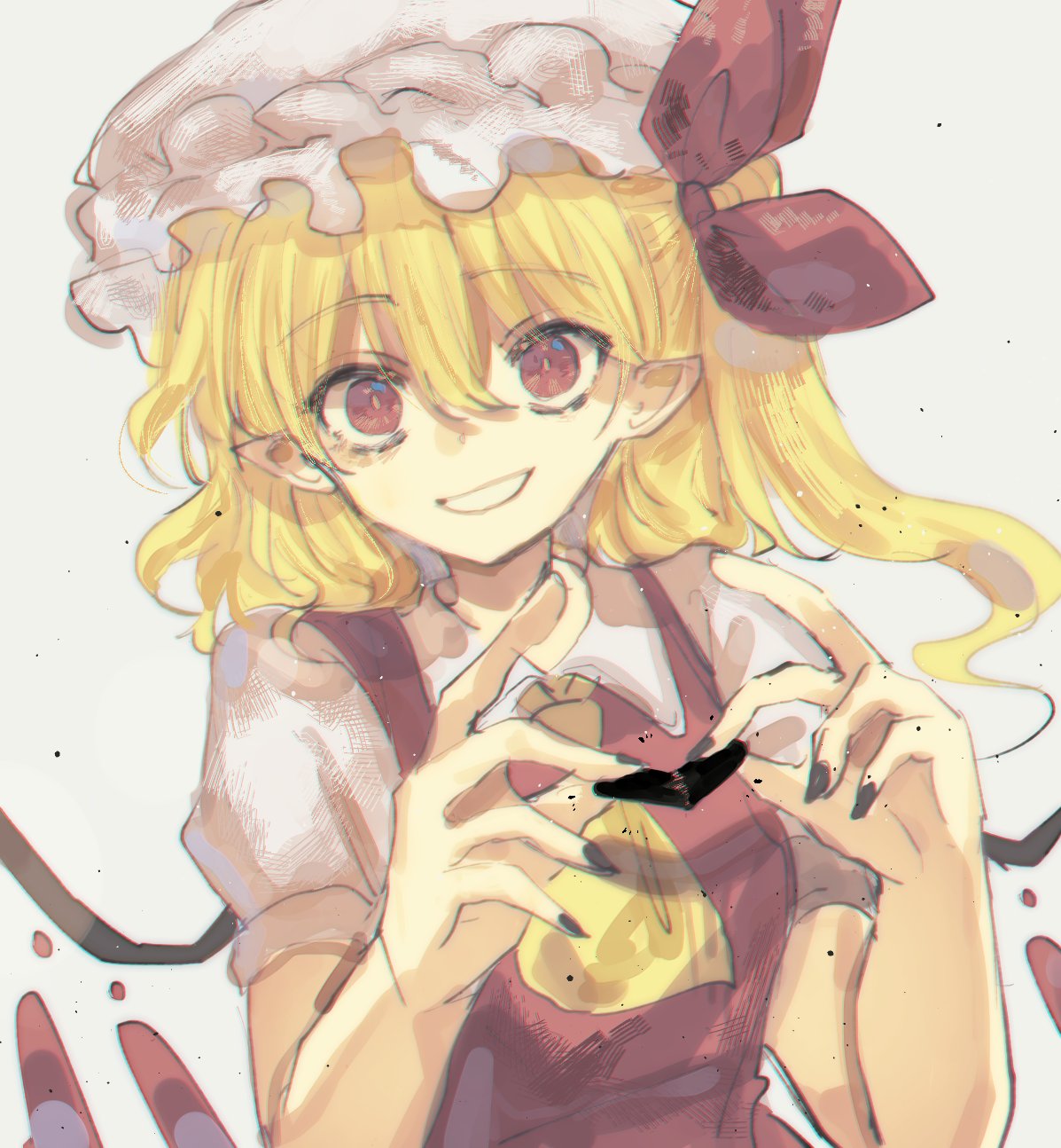 ascot bat_wings blonde_hair bow crystal flandre_scarlet frilled_shirt frilled_shirt_collar frilled_sleeves frills hat hat_ribbon highres kujikimi medium_hair mob_cap one_side_up puffy_short_sleeves puffy_sleeves red_bow red_eyes red_ribbon red_skirt red_vest ribbon shirt short_hair short_sleeves side_ponytail skirt touhou vest white_shirt wings yellow_neckwear