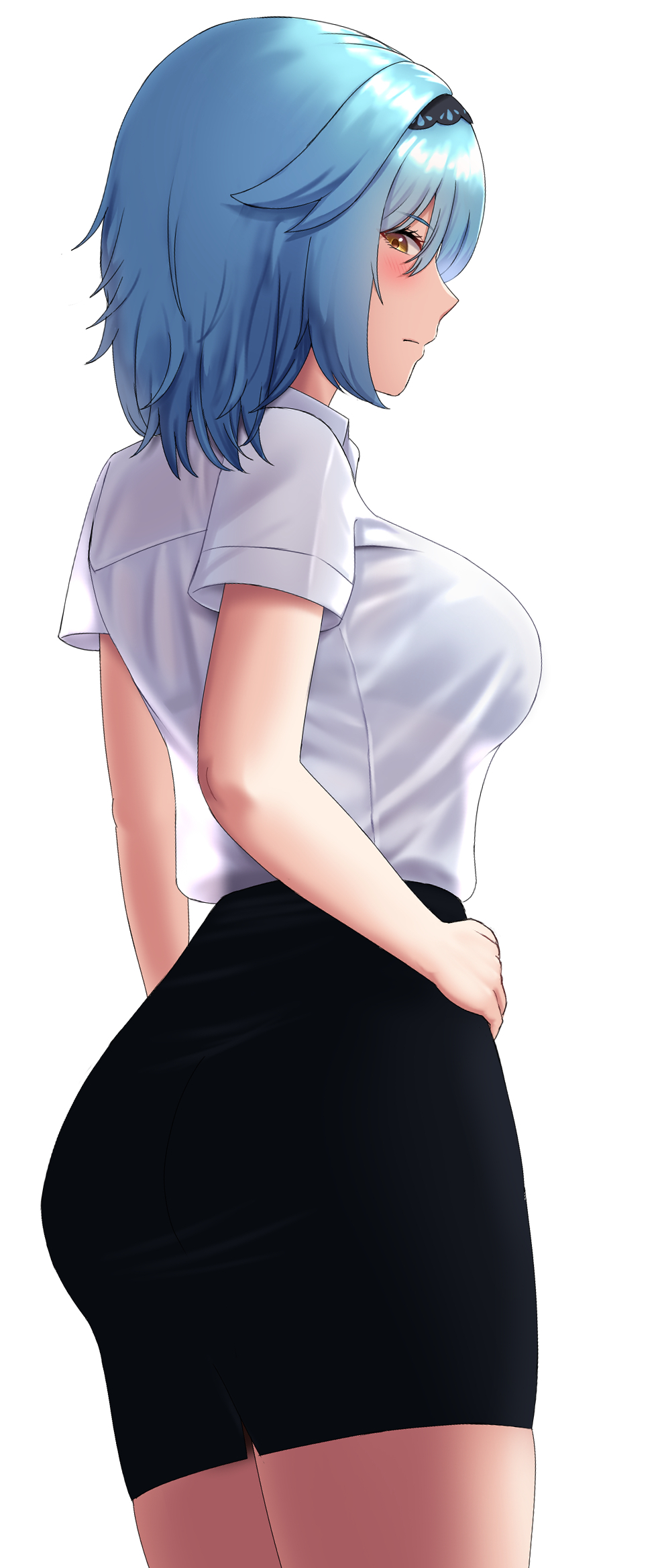 1girl 1nilla' ass bangs black_hairband black_skirt blue_hair blush breasts closed_mouth collared_shirt dress_shirt eula_(genshin_impact) eyebrows_visible_through_hair from_side genshin_impact hair_between_eyes hairband hand_on_hip highres large_breasts looking_at_viewer looking_back medium_hair miniskirt pencil_skirt see-through_silhouette shirt shirt_tucked_in short_sleeves simple_background skirt solo white_background white_shirt yellow_eyes