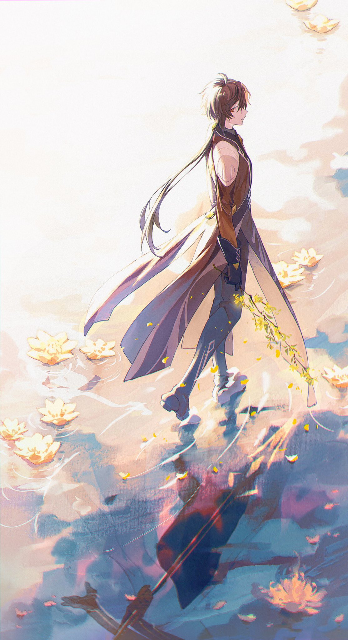 1boy ahoge almoonnn bangs black_gloves black_pants branch brown_eyes brown_hair flower genshin_impact gloves highres holding holding_branch holding_spear holding_weapon jacket leaf long_hair long_sleeves male_focus pants petals polearm ponytail reflection solo spear vision_(genshin_impact) walking water weapon yellow_flower zhongli_(genshin_impact)