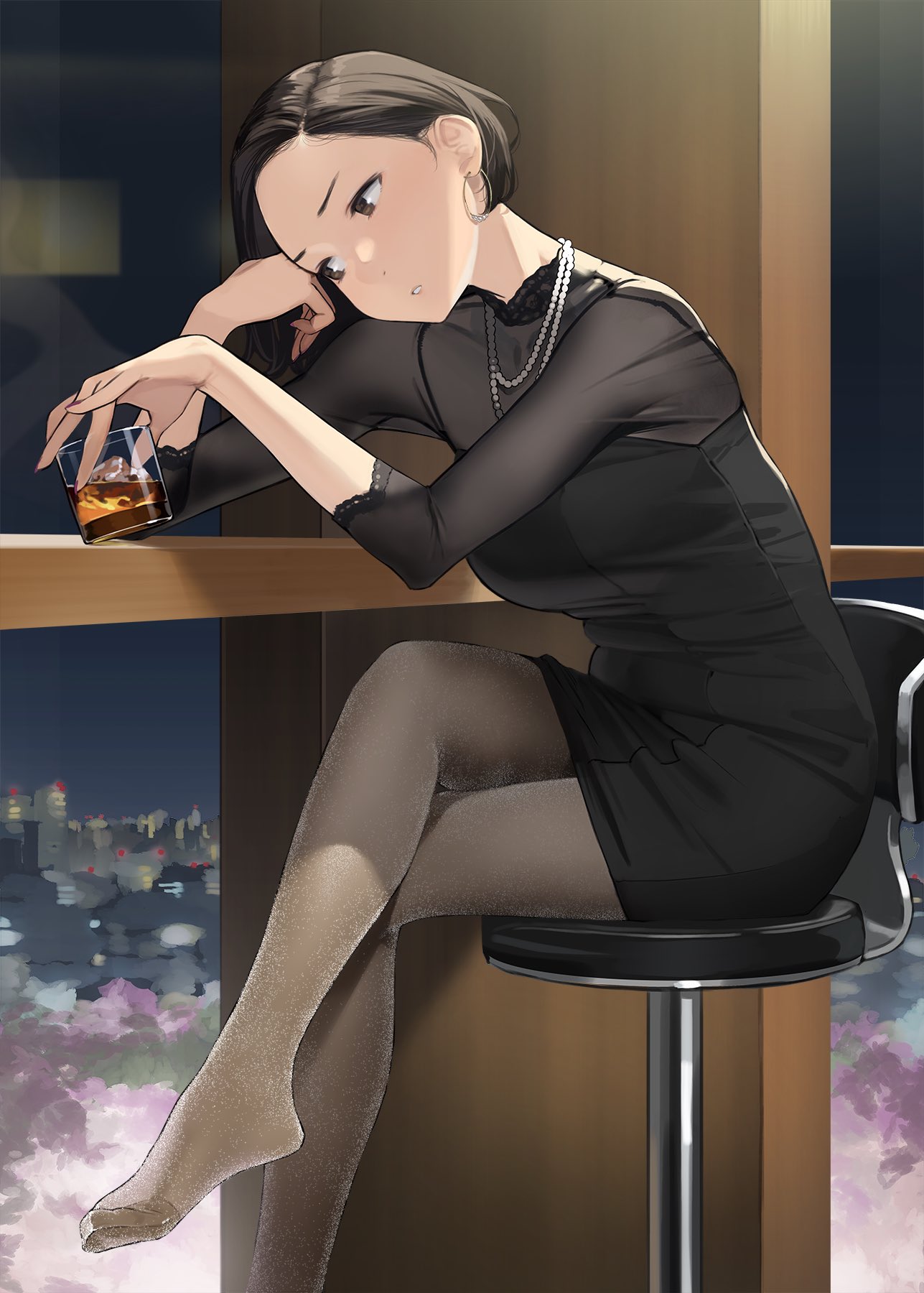 1girl alcohol black_dress breasts brown_eyes cherry_blossoms commentary_request dress forehead ganbare_douki-chan glass highres jewelry large_breasts looking_at_another necklace night okuzumi_maiko pantyhose parted_lips pearl_necklace see-through_dress sitting solo stool yomu_(sgt_epper)