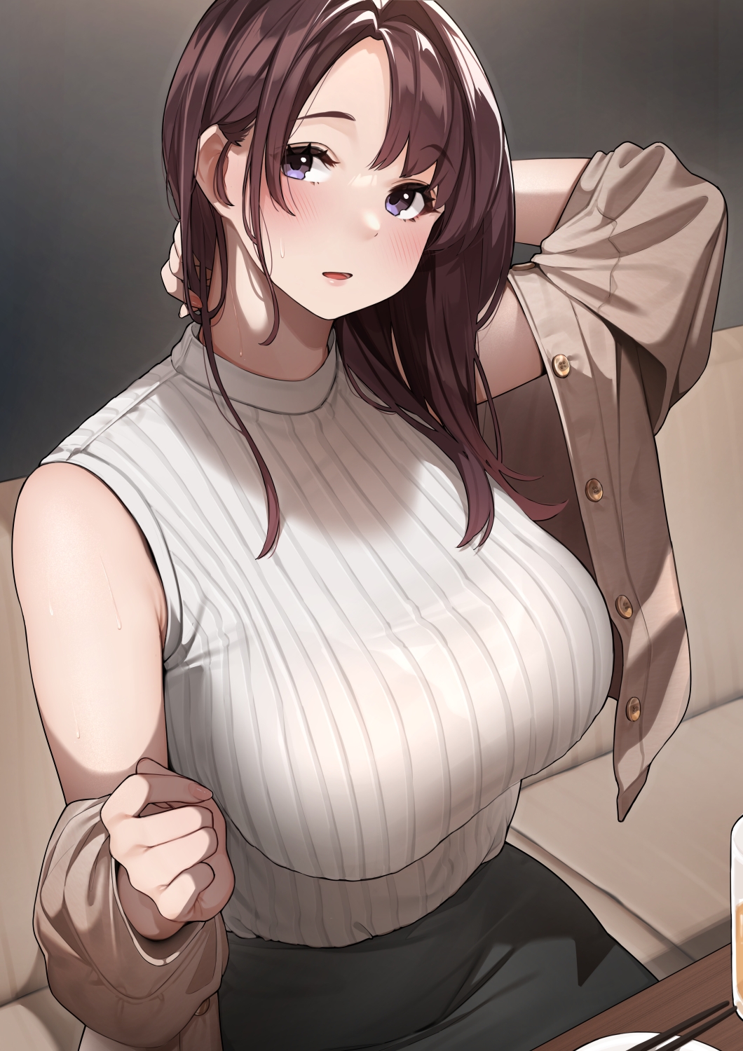 1girl arm_behind_head bangs black_skirt blush booth breasts brown_hair brown_jacket chopsticks eyebrows_visible_through_hair highres jacket large_breasts long_sleeves looking_at_viewer mature_female open_clothes open_jacket parted_bangs parted_lips sakura_no_tomoru_hi_e shirt shirt_tucked_in sitting skirt sleeveless sleeveless_shirt solo violet_eyes white_shirt