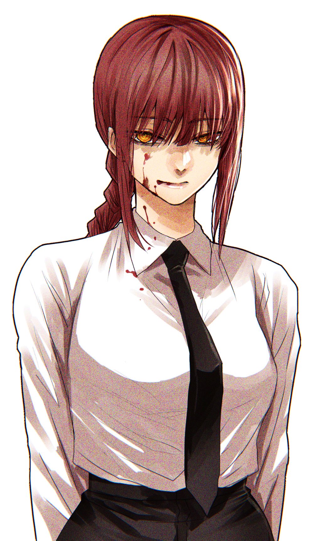 1girl black_neckwear black_pants blood blood_on_face bloody_clothes braid braided_ponytail breasts chainsaw_man closed_mouth collared_shirt dress_shirt eyebrows_visible_through_hair eyes_visible_through_hair hair_between_eyes highres hoshi_san_3 light_smile long_sleeves looking_at_viewer makima_(chainsaw_man) medium_breasts medium_hair necktie pants redhead ringed_eyes shirt shirt_tucked_in sidelocks simple_background solo upper_body white_background white_shirt wing_collar yellow_eyes