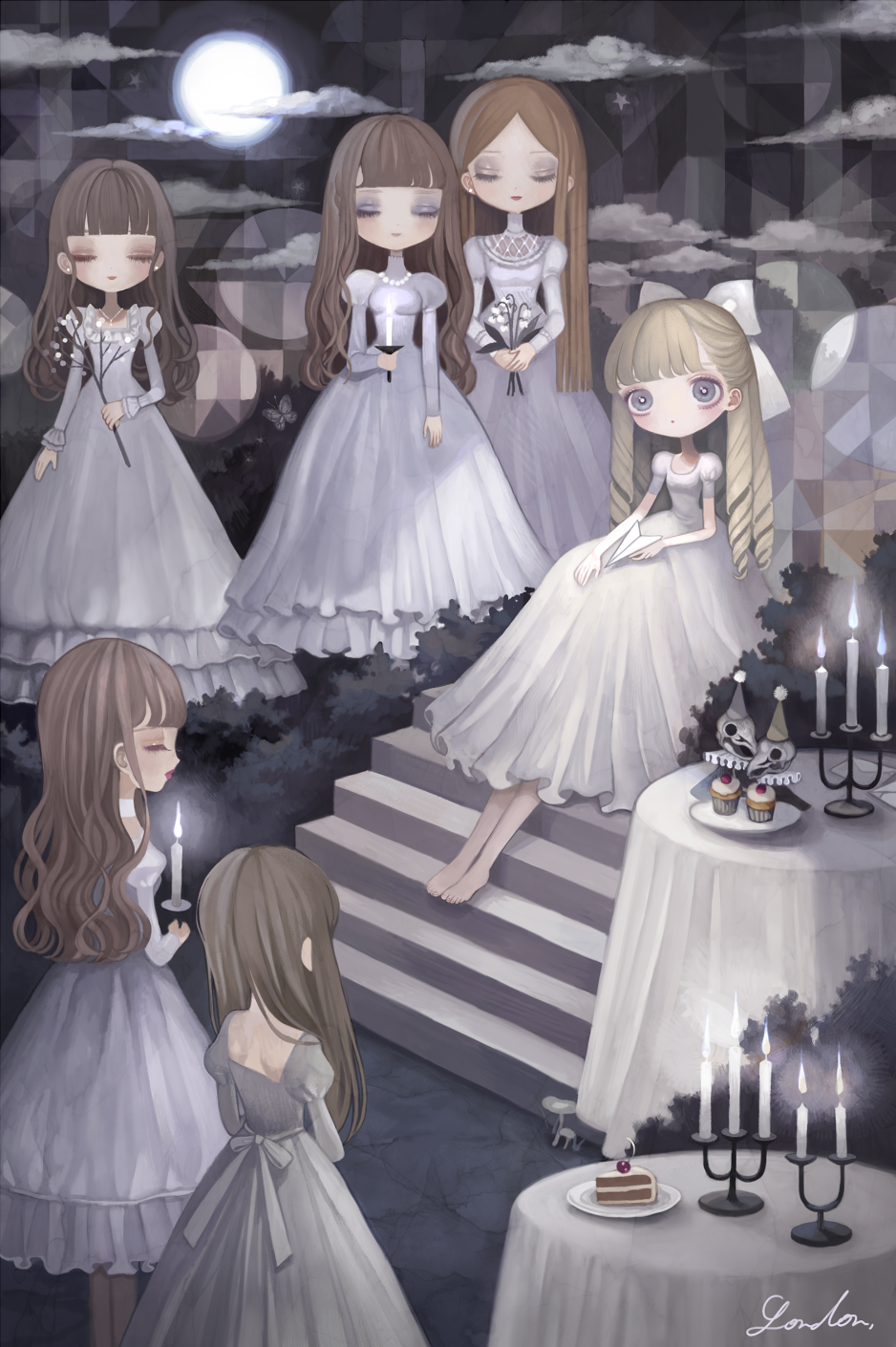 6+girls bangs blonde_hair blunt_bangs bow branch brown_hair candle clouds dress food glowing hair_bow highres lalala222 multiple_girls original plate profile ringlets signature sitting stairs tablecloth white_bow white_dress