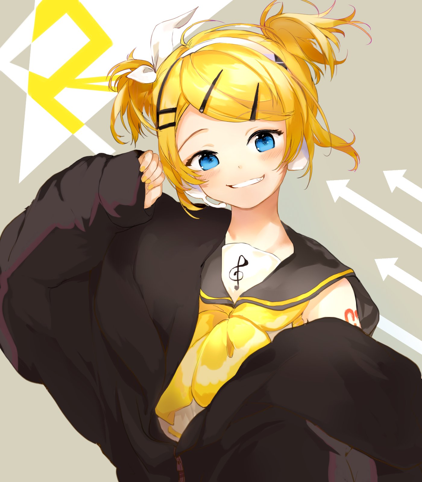 1girl alternate_hairstyle arrow_(symbol) bangs black_coat black_collar blonde_hair blue_eyes bow coat collar collared_shirt commentary grin hair_bow hair_ornament hairband hairclip hand_up highres kagamine_rin looking_at_viewer nail_polish neckerchief open_clothes open_coat oyamada_gamata sailor_collar shirt short_hair short_twintails shoulder_tattoo smile solo swept_bangs tattoo treble_clef twintails upper_body vocaloid white_bow white_shirt yellow_nails yellow_neckwear