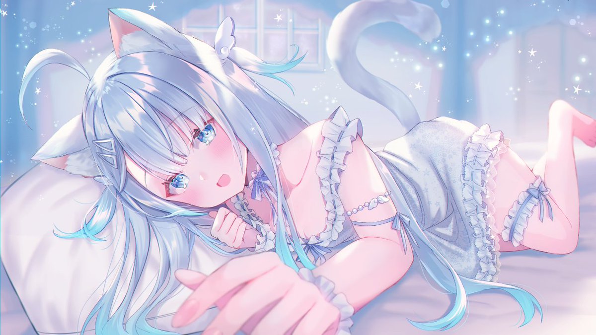 1girl ahoge amatsuka_uto animal_ear_fluff animal_ears arm_strap bangs blue_eyes blush cat_ears collarbone eyebrows_visible_through_hair hair_ornament hairclip indie_virtual_youtuber kemonomimi_mode lingerie looking_at_viewer lying negligee open_mouth silver_dress silver_hair solo suzuho_hotaru thigh_strap underwear virtual_youtuber