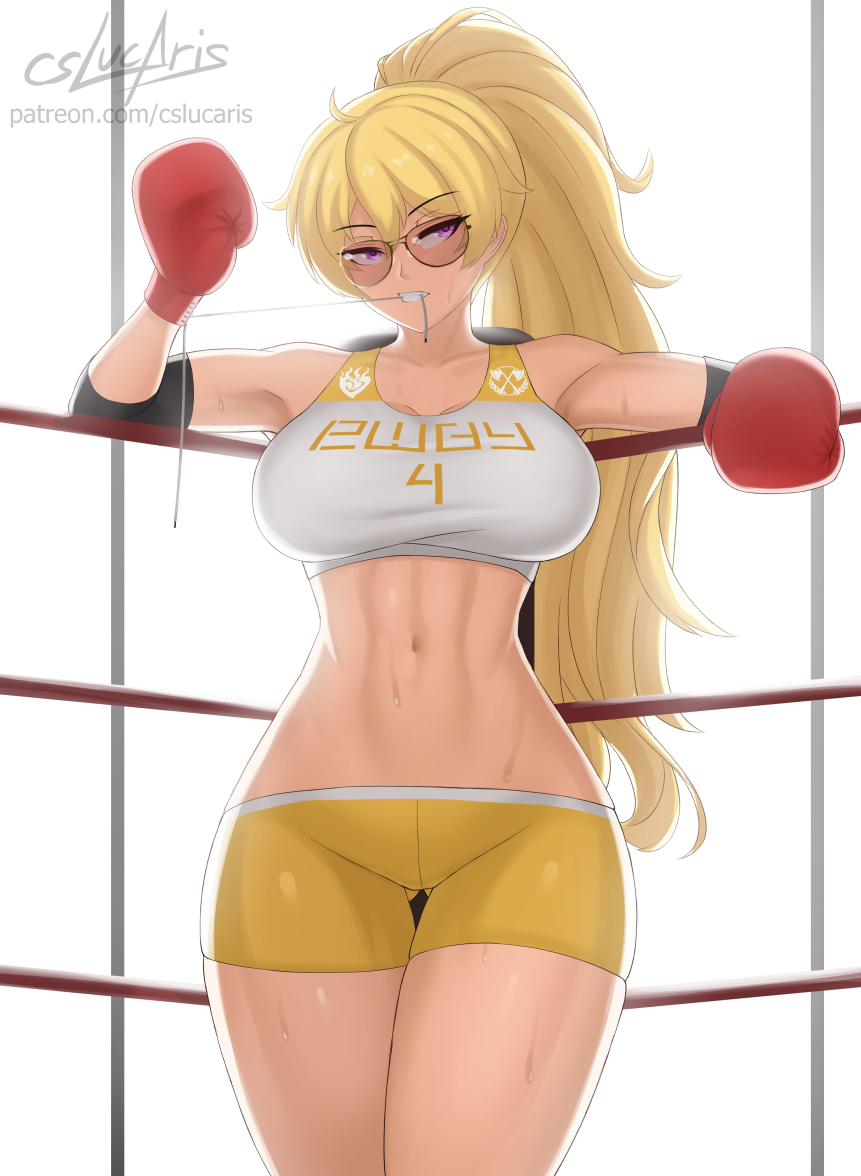 1girl armpits artist_name ass_visible_through_thighs aviator_sunglasses black_hair blonde_hair boxing_gloves boxing_ring breasts collarbone cslucaris elbow_pads glasses large_breasts long_hair looking_to_the_side ponytail rwby shorts solo sports_bra stomach sunglasses sweat thigh_gap thighs tinted_eyewear violet_eyes yang_xiao_long
