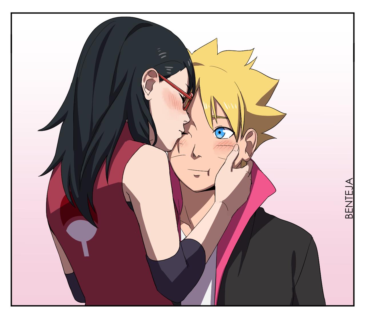 1boy 1girl artist_name bare_shoulders benteja black_eyes black_hair blonde_hair blue_eyes boruto:_naruto_next_generations boruto:_naruto_the_movie glasses holding_hands kiss looking_at_another lying naruto naruto_(series) on_back simple_background uchiha_sarada uzumaki_boruto watermark whisker_markings whiskers white_background