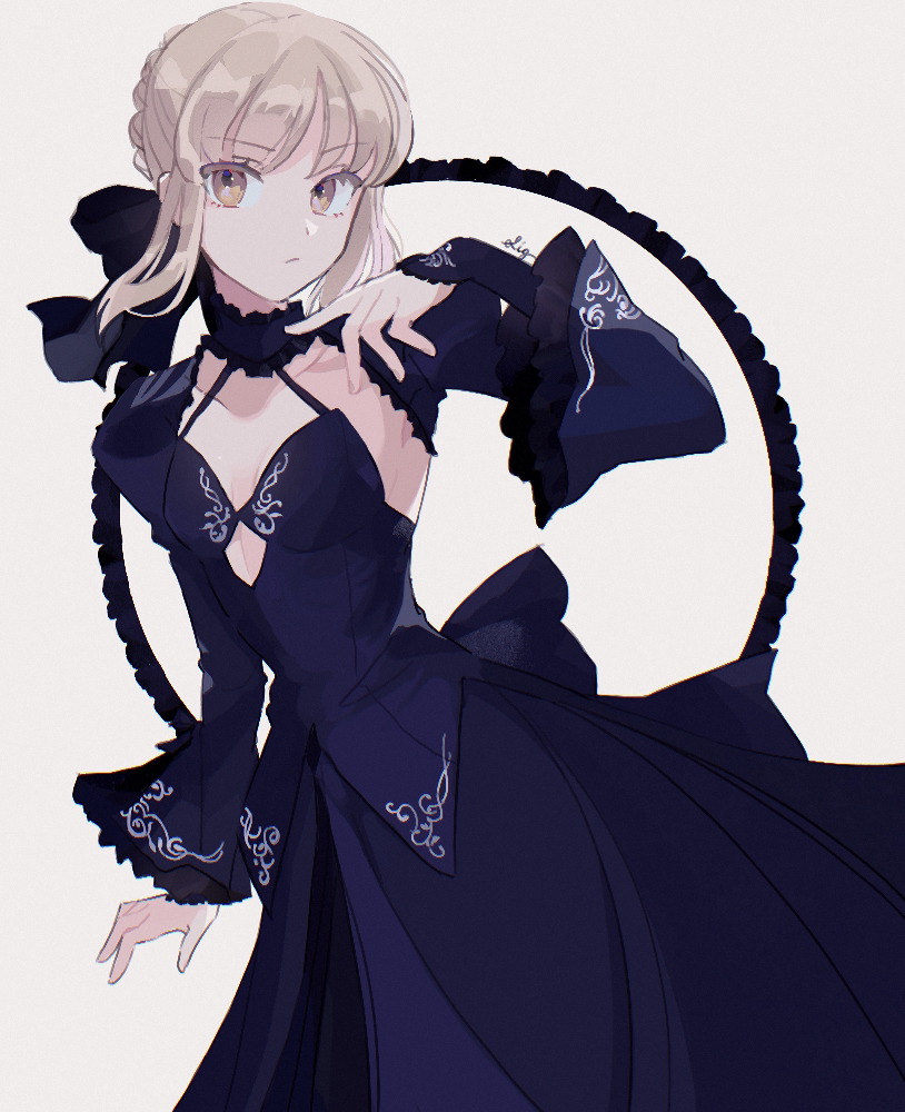 1girl artist_name artoria_pendragon_(all) blonde_hair blue_dress braid breasts commentary_request detached_sleeves dress eyebrows_visible_through_hair fate/stay_night fate_(series) frilled_sleeves frills hair_ribbon meloettta ribbon saber_alter short_hair simple_background small_breasts solo white_background wide_sleeves yellow_eyes