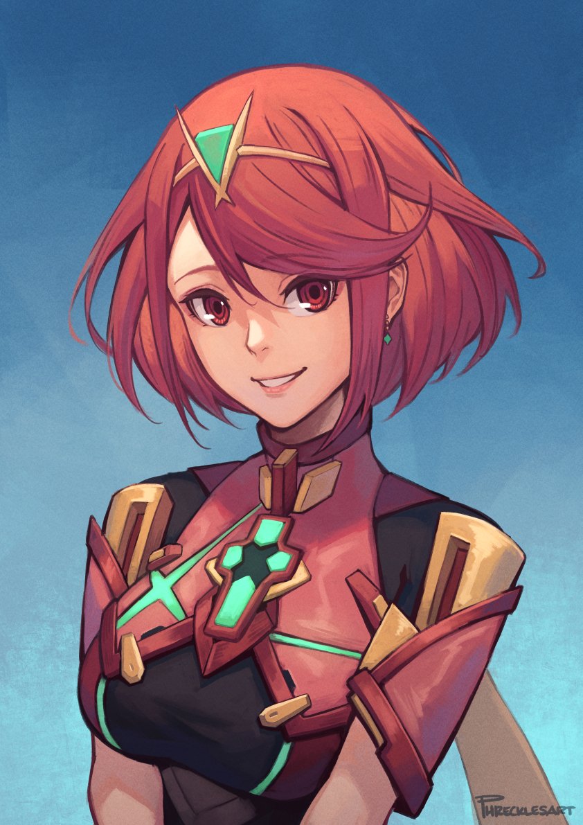 1girl artist_name bangs blue_background breasts chest_jewel grin looking_at_viewer medium_breasts phrecklesart pyra_(xenoblade) red_eyes redhead short_hair signature smile solo swept_bangs upper_body xenoblade_chronicles_(series) xenoblade_chronicles_2