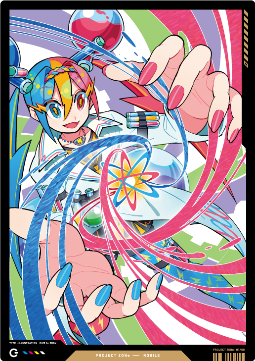 1girl atom blonde_hair blue_eyes blue_hair blue_nails dive_to_zone eyebrows_visible_through_hair hair_between_eyes heterochromia jacket lightning_bolt_symbol long_sleeves multicolored_hair nobile1031 pink_nails red_eyes redhead round-bottom_flask solo test_tube white_jacket