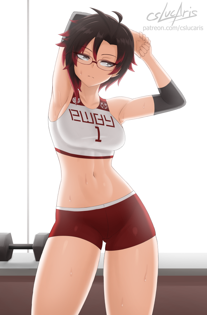 1girl armpits artist_name black_hair breasts cslucaris elbow_pads glasses grey_eyes looking_to_the_side medium_breasts multicolored_hair redhead ruby_rose rwby short_hair shorts solo stomach stretch sweat thighs