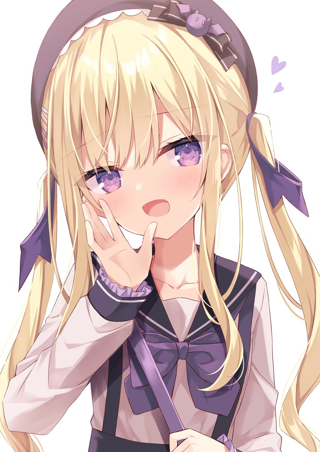 1girl :d bangs beret black_bow black_headwear black_sailor_collar black_skirt blonde_hair blush bow collarbone commentary_request eyebrows_visible_through_hair fang frilled_sleeves frills hair_between_eyes hair_bow hand_up hat head_tilt heart highres hoshi_(snacherubi) long_sleeves open_mouth original purple_bow sailor_collar shirt simple_background skirt sleeves_past_wrists smile solo suspender_skirt suspenders twintails upper_body violet_eyes white_background white_shirt