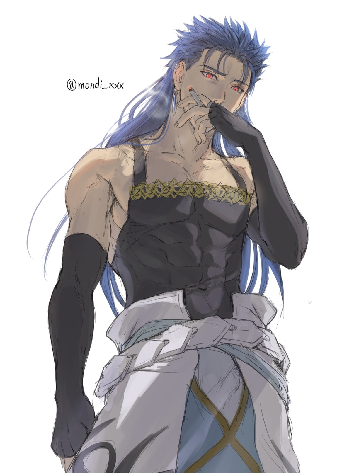 1boy bangs black_gloves blue_hair cigarette collarbone covered_abs covered_navel cu_chulainn_(fate)_(all) earrings elbow_gloves fate/stay_night fate_(series) fingerless_gloves from_below gloves grey_background hand_up highres jewelry long_hair looking_at_viewer looking_down male_focus mondi_hl muscular muscular_male red_eyes simple_background smoking solo twitter_username white_background