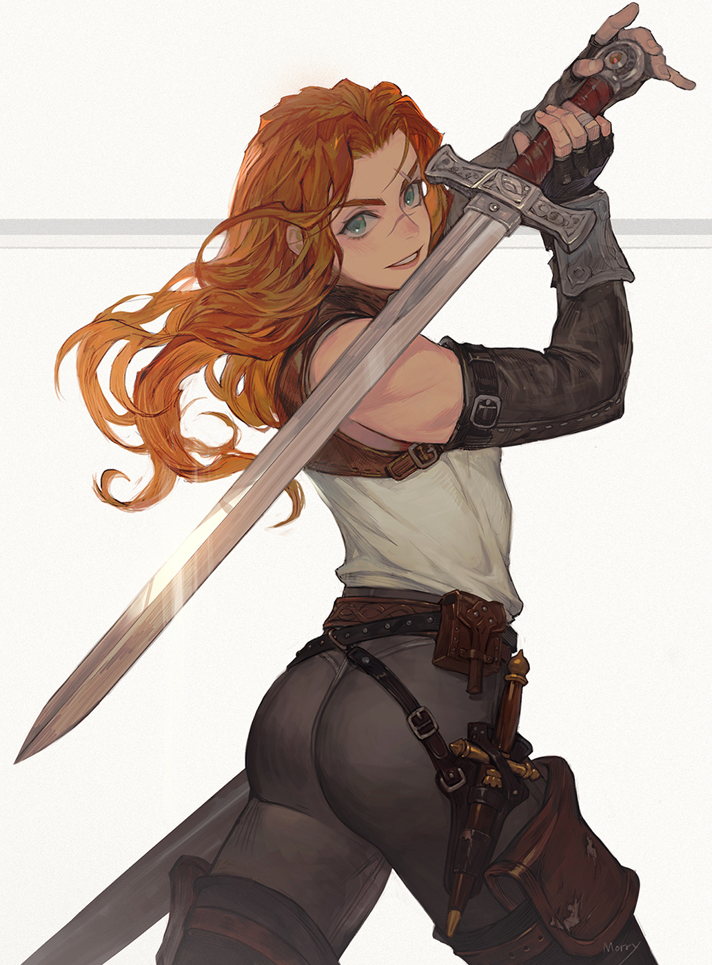 1girl ass backlighting belt_pouch black_footwear blue_eyes blush boots cowboy_shot dagger elbow_gloves fantasy fighting_stance fingerless_gloves fingernails gloves grey_pants highres holding holding_sword holding_weapon leather_armor lene_(morry) long_hair looking_at_viewer morry orange_hair original pants pouch scabbard scar scar_on_face scar_on_nose scar_through_eyebrow sheath sheathed solo sword tank_top thick_eyebrows thigh-highs thigh_boots vambraces weapon white_background