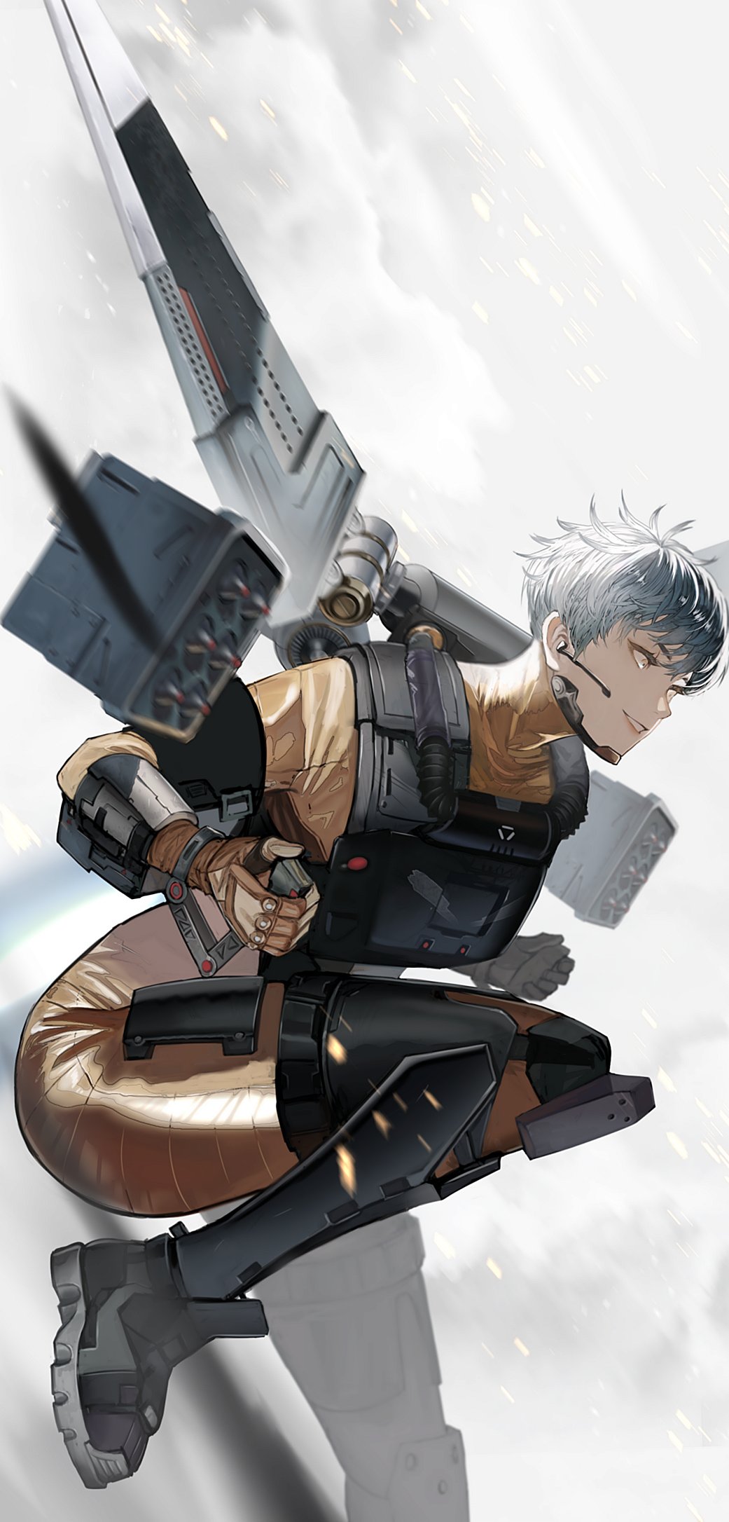 1girl apex_legends armor artist_request commentary exoskeleton full_body gloves grin highres mechanical_wings short_hair silver_hair smile smoke solo valkyrie_(apex_legends) wings