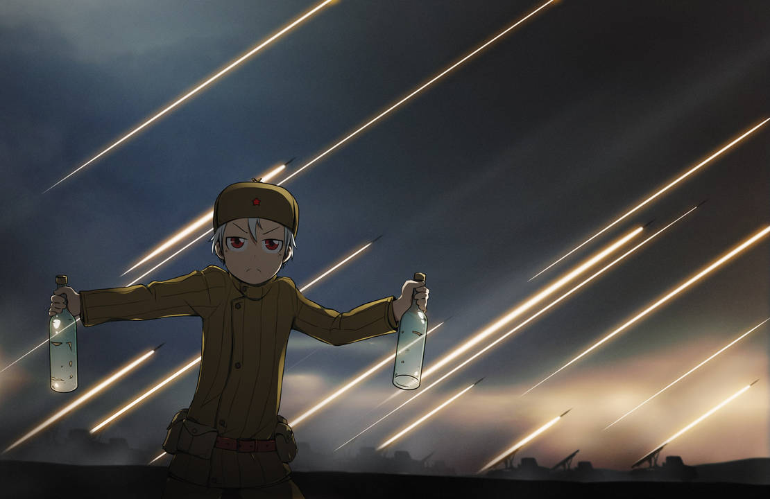 alcohol artillery bm-13_katyusha bottle clouds ground_vehicle military military_vehicle motor_vehicle mrxinom original red_eyes ribbed_shirt rocket_launcher russia shirt short_hair sky truck vodka weapon